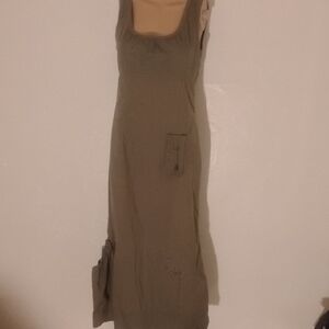 Cop. Copine Army Green Scribble Midi Cotton Dress with Pocket Detail S